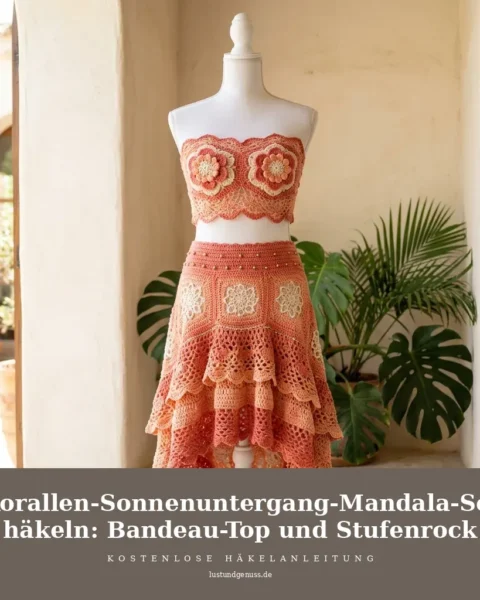 Korallen-Sonnenuntergang-Mandala-Set häkeln: Bandeau-Top und Stufenrock