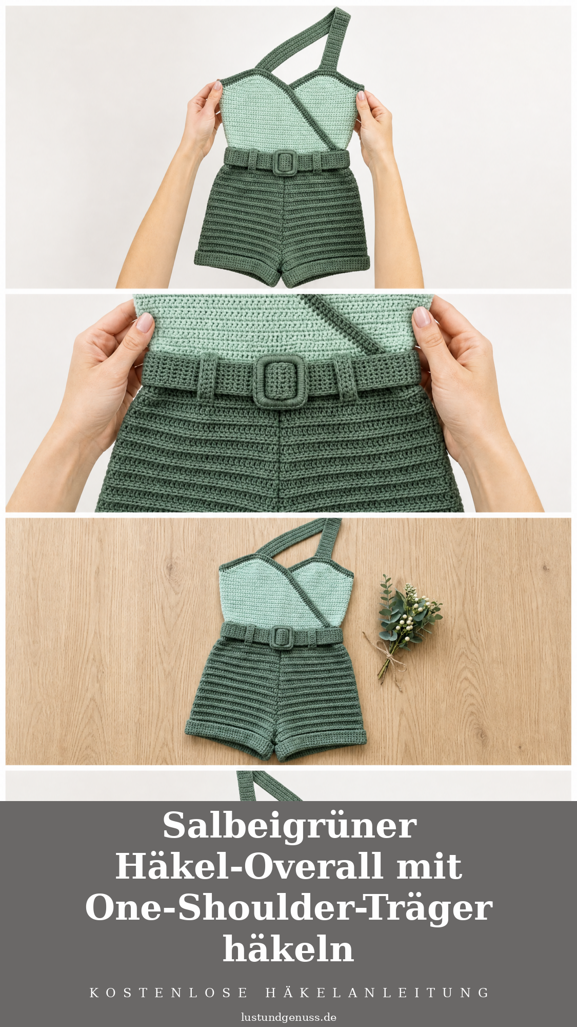 Salbeigrüner Häkel-Overall mit One-Shoulder-Träger häkeln