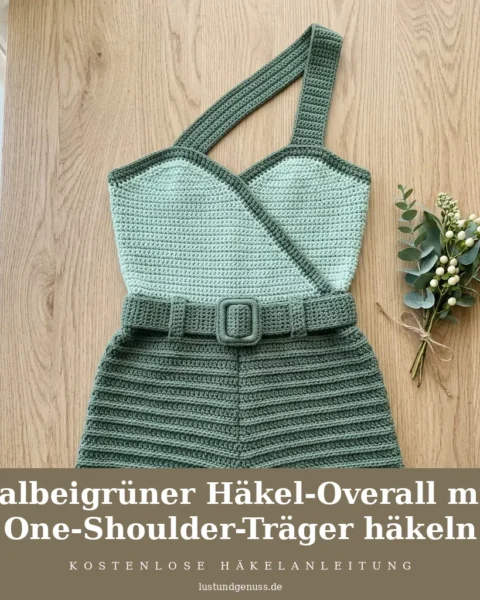 Salbeigrüner Häkel-Overall mit One-Shoulder-Träger häkeln