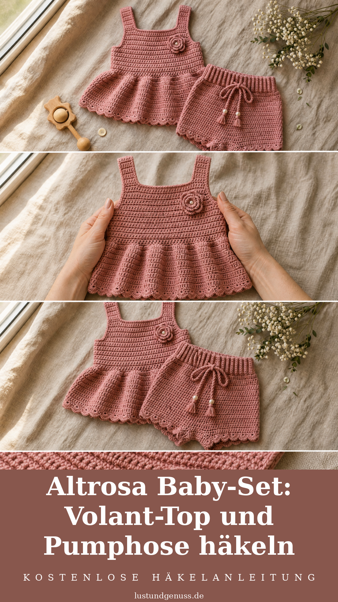 Altrosa Baby-Set: Volant-Top und Pumphose häkeln