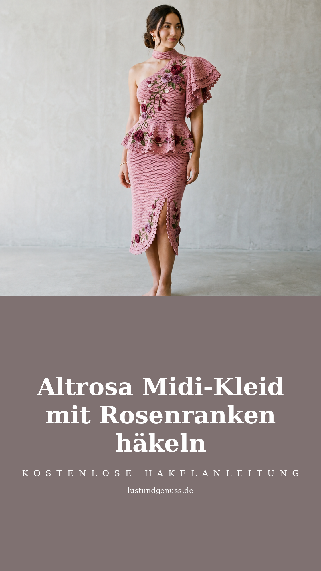 Altrosa Midi-Kleid mit Rosenranken häkeln