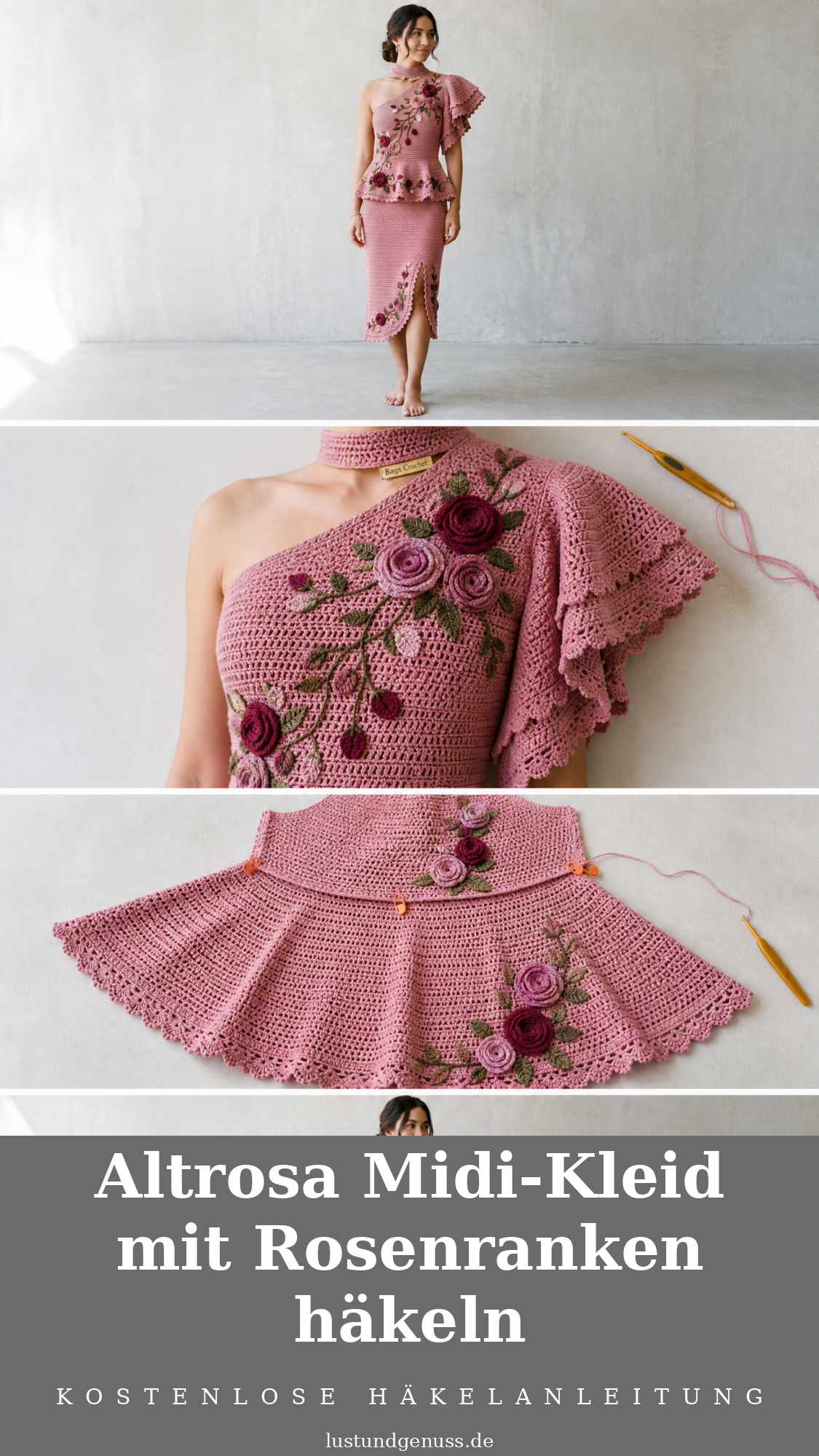 Altrosa Midi-Kleid mit Rosenranken häkeln