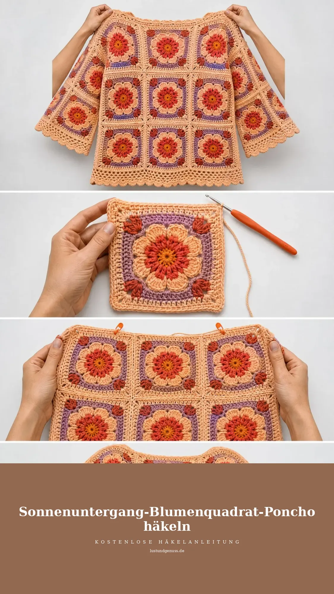 Sonnenuntergang-Blumenquadrat-Poncho häkeln