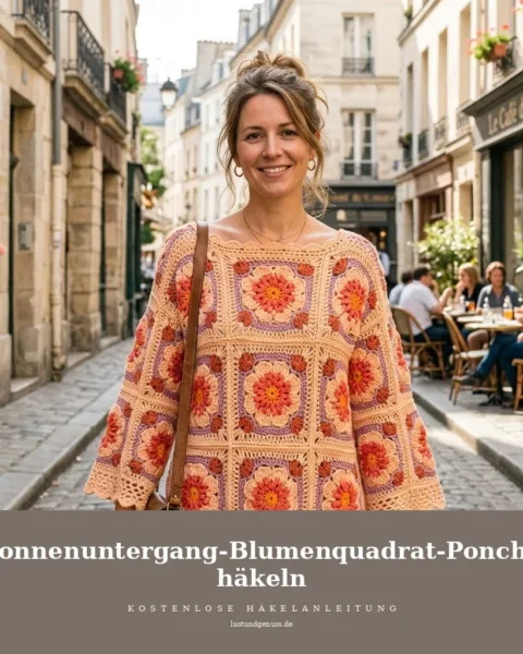 Sonnenuntergang-Blumenquadrat-Poncho häkeln