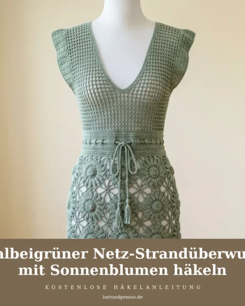 Salbeigrüner Netz-Strandüberwurf mit Sonnenblumen häkeln