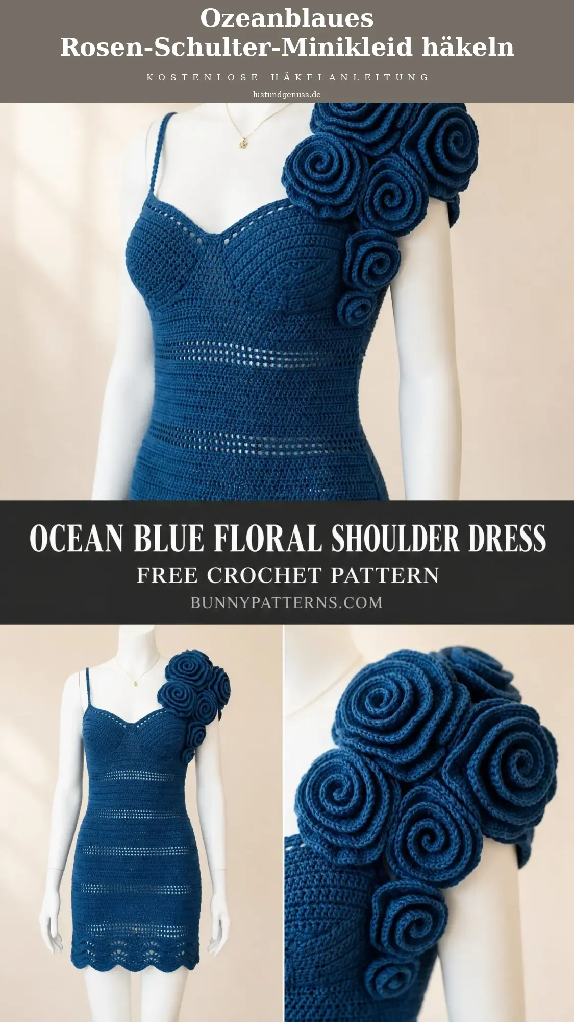 Ozeanblaues Rosen-Schulter-Minikleid häkeln