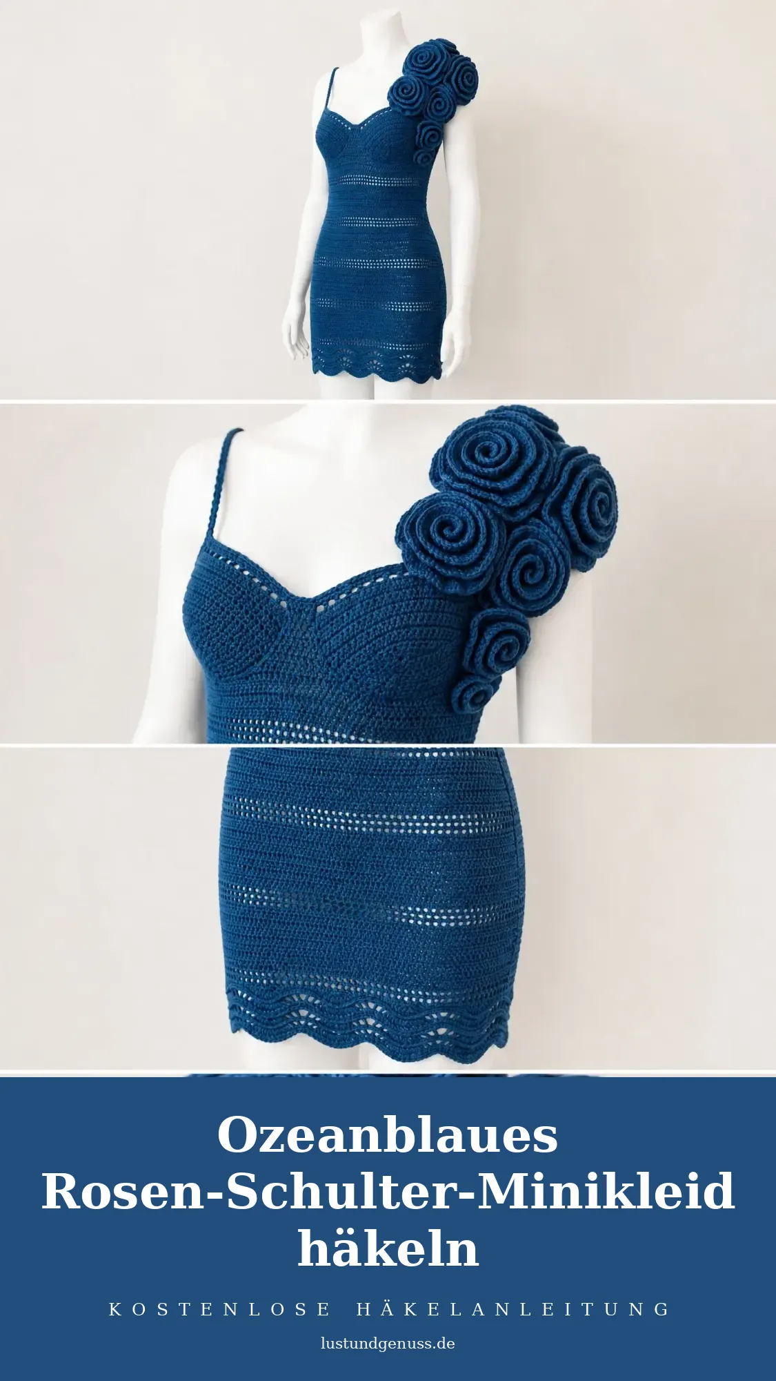 Ozeanblaues Rosen-Schulter-Minikleid häkeln