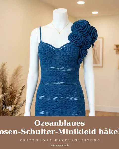 Ozeanblaues Rosen-Schulter-Minikleid häkeln