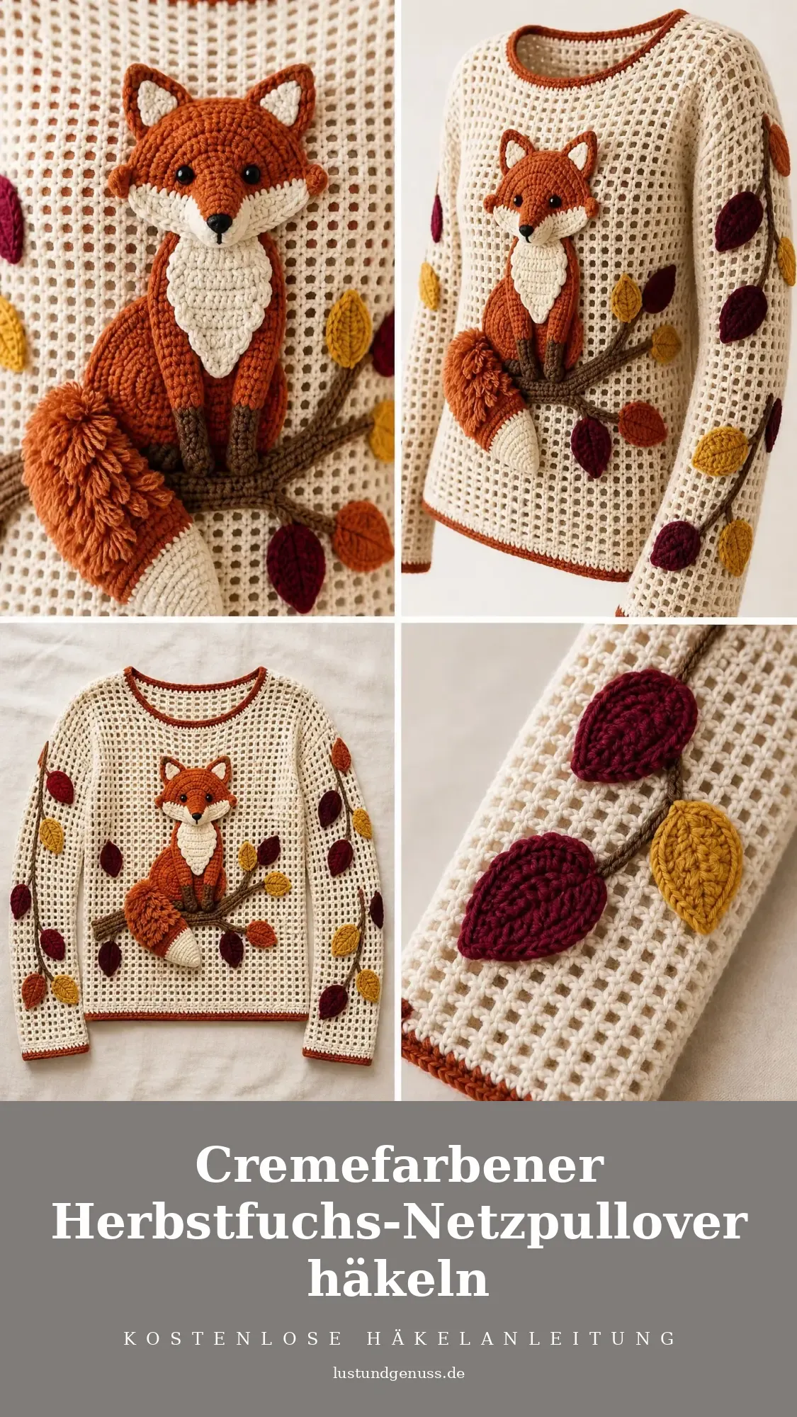 Cremefarbener Herbstfuchs-Netzpullover häkeln