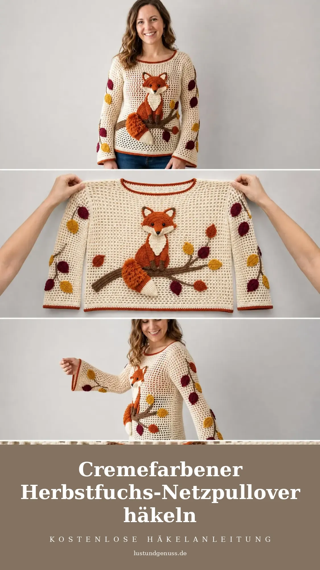 Cremefarbener Herbstfuchs-Netzpullover häkeln