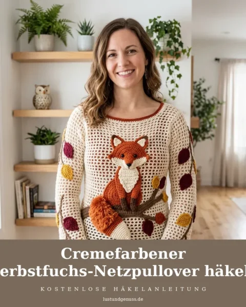 Cremefarbener Herbstfuchs-Netzpullover häkeln