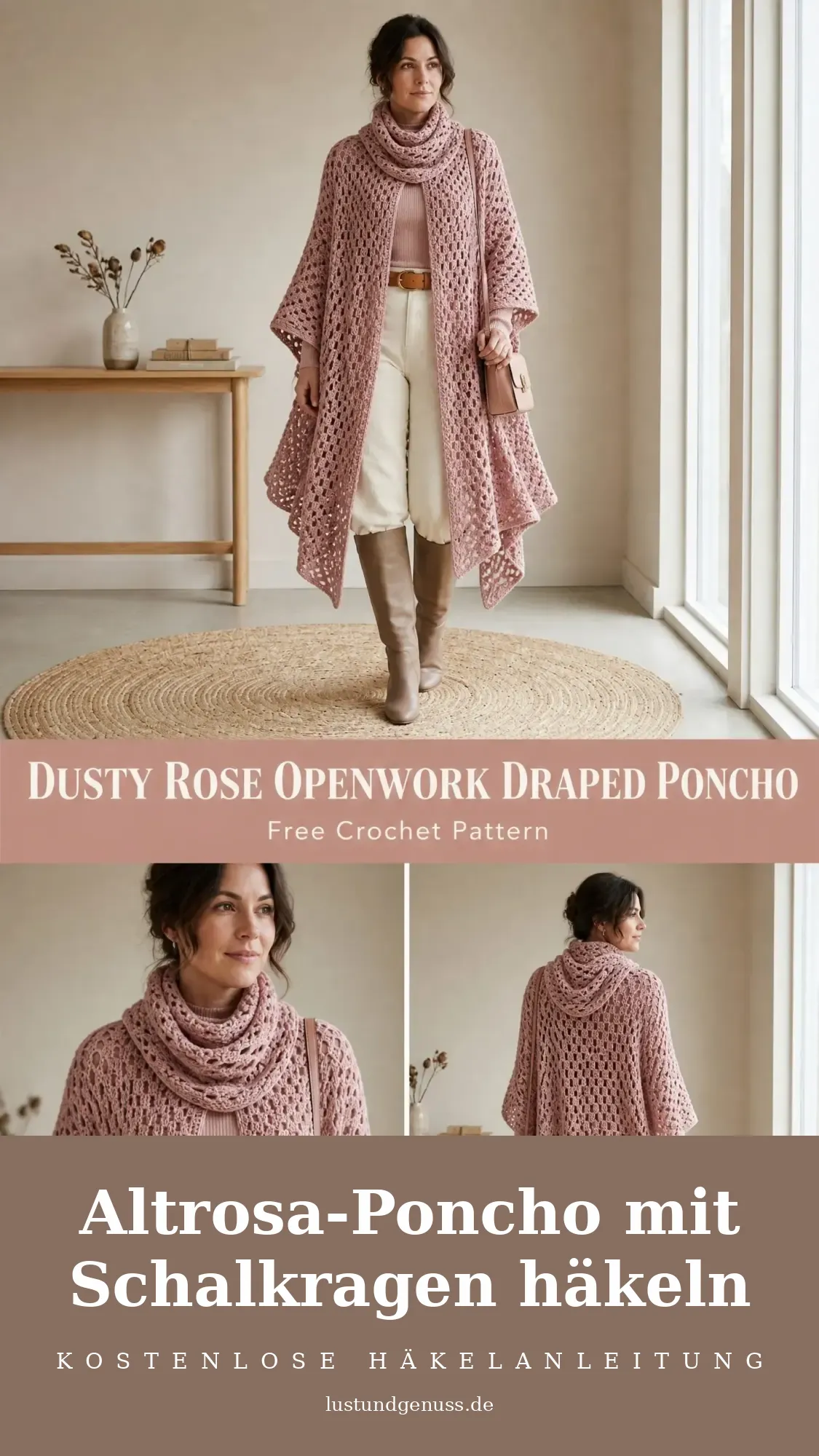 Altrosa-Poncho mit Schalkragen häkeln