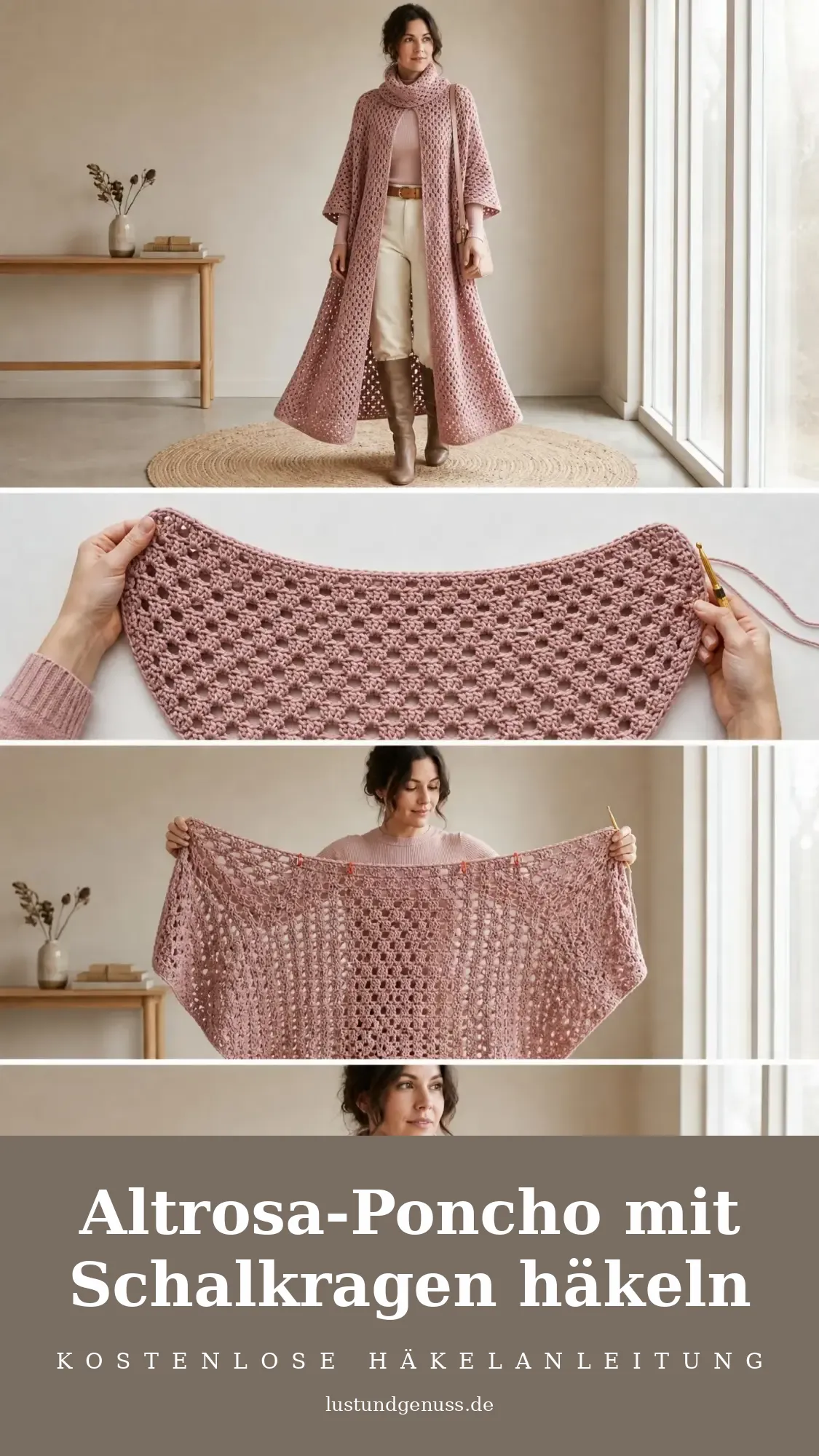 Altrosa-Poncho mit Schalkragen häkeln