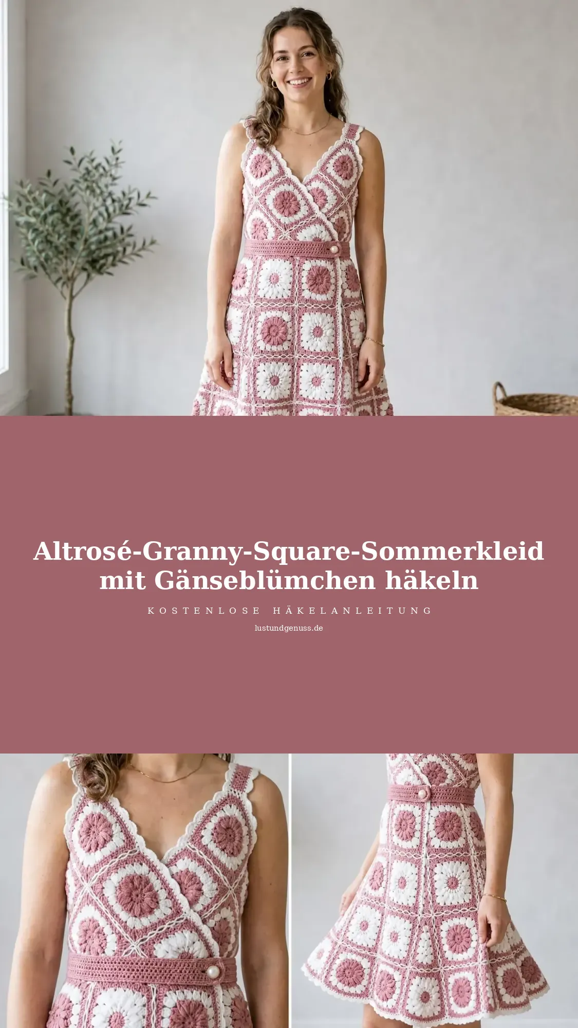 Altrosé-Granny-Square-Sommerkleid mit Gänseblümchen häkeln