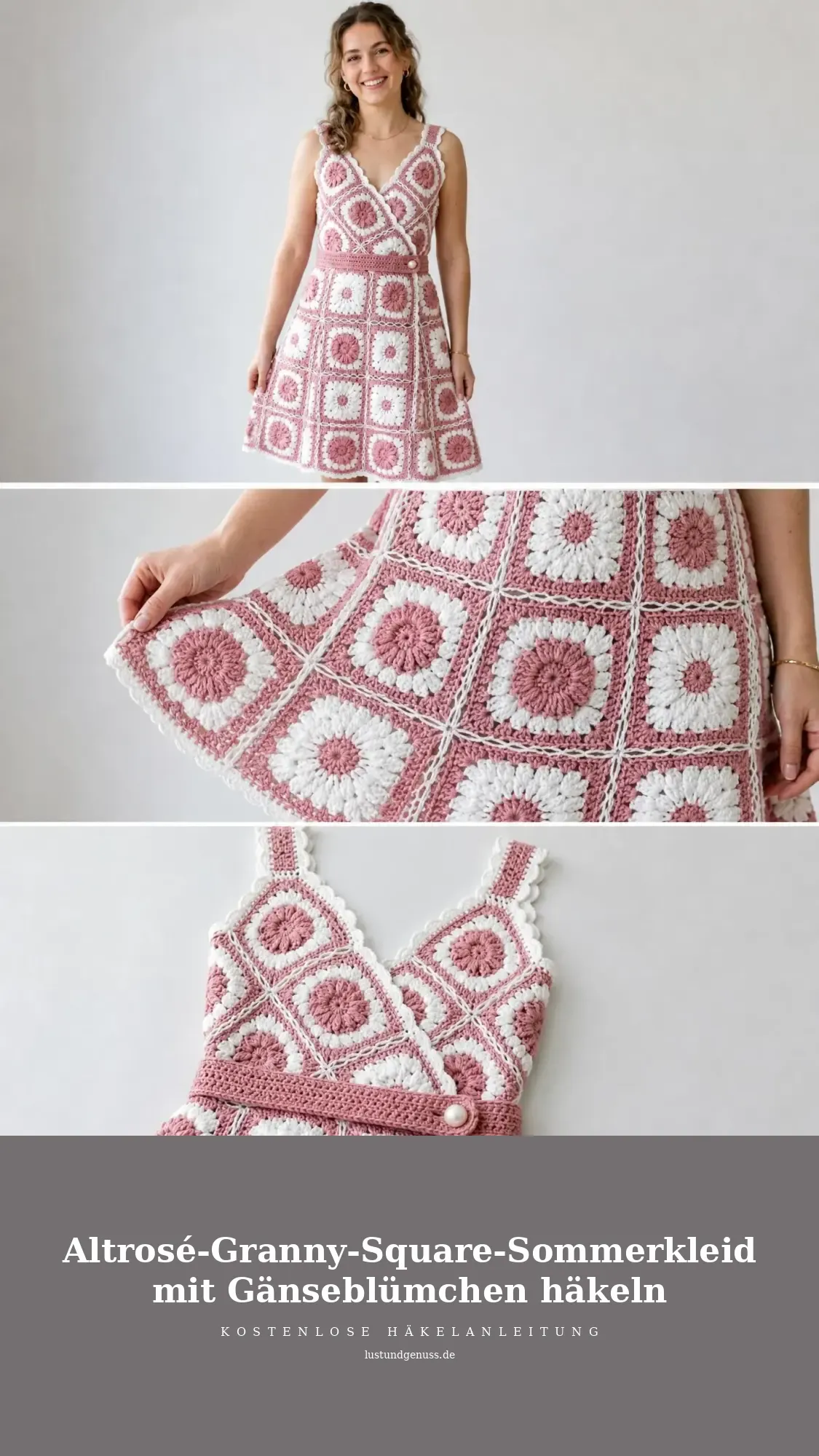 Altrosé-Granny-Square-Sommerkleid mit Gänseblümchen häkeln