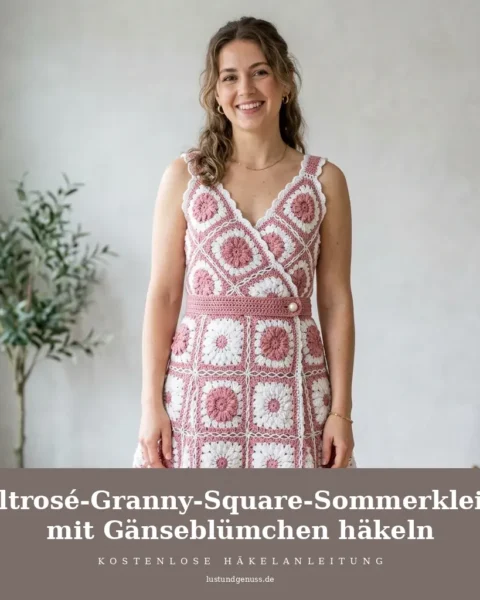 Altrosé-Granny-Square-Sommerkleid mit Gänseblümchen häkeln