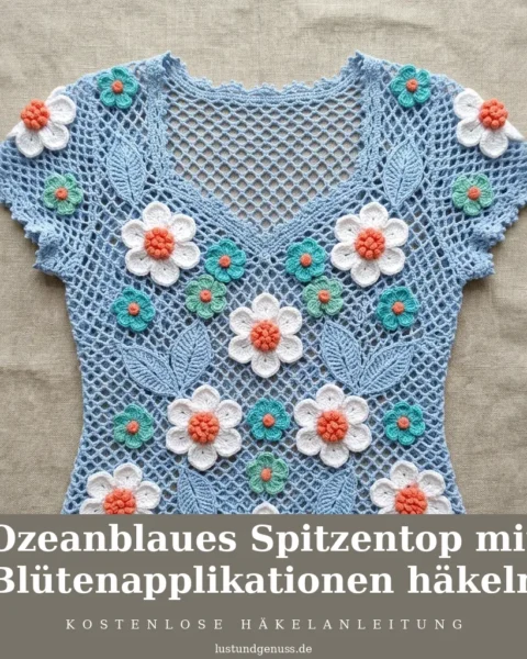 Ozeanblaues Spitzentop mit Blütenapplikationen häkeln