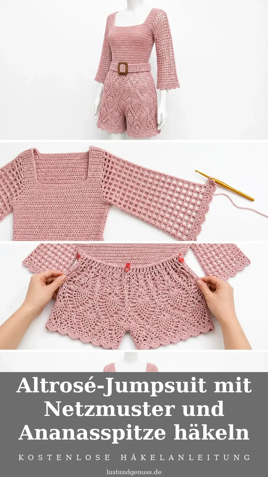 Altrosé-Jumpsuit mit Netzmuster und Ananasspitze häkeln