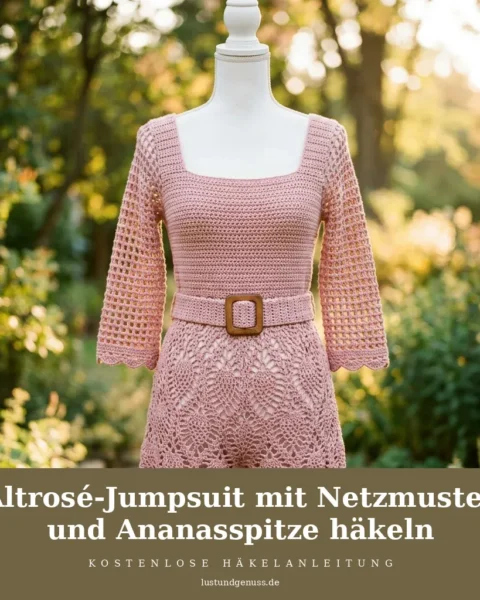Altrosé-Jumpsuit mit Netzmuster und Ananasspitze häkeln