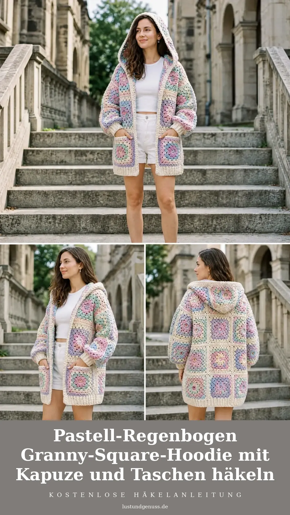 Pastell-Regenbogen Granny-Square-Hoodie mit Kapuze und Taschen häkeln
