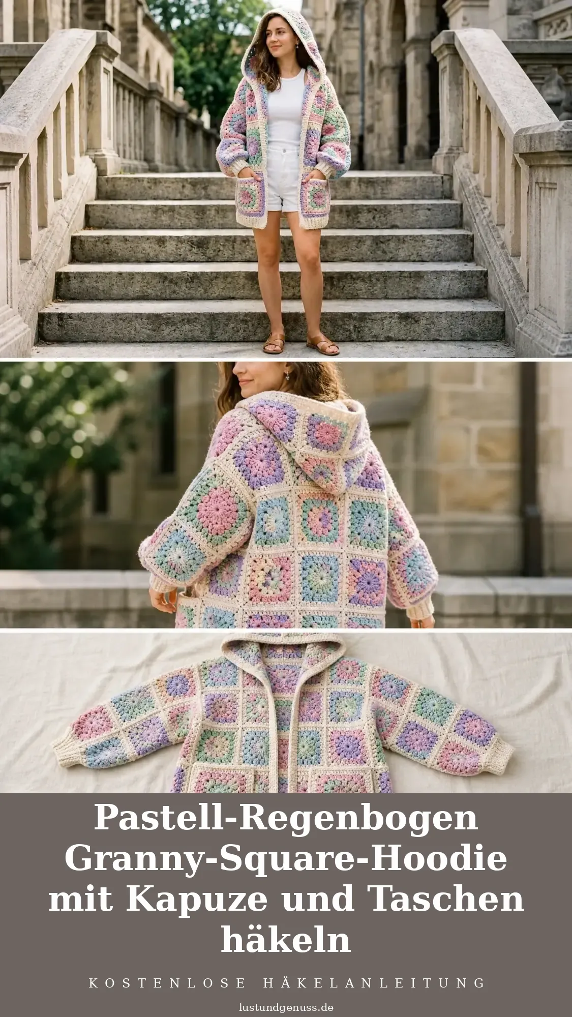 Pastell-Regenbogen Granny-Square-Hoodie mit Kapuze und Taschen häkeln