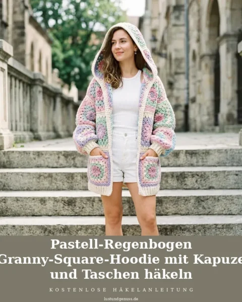 Pastell-Regenbogen Granny-Square-Hoodie mit Kapuze und Taschen häkeln