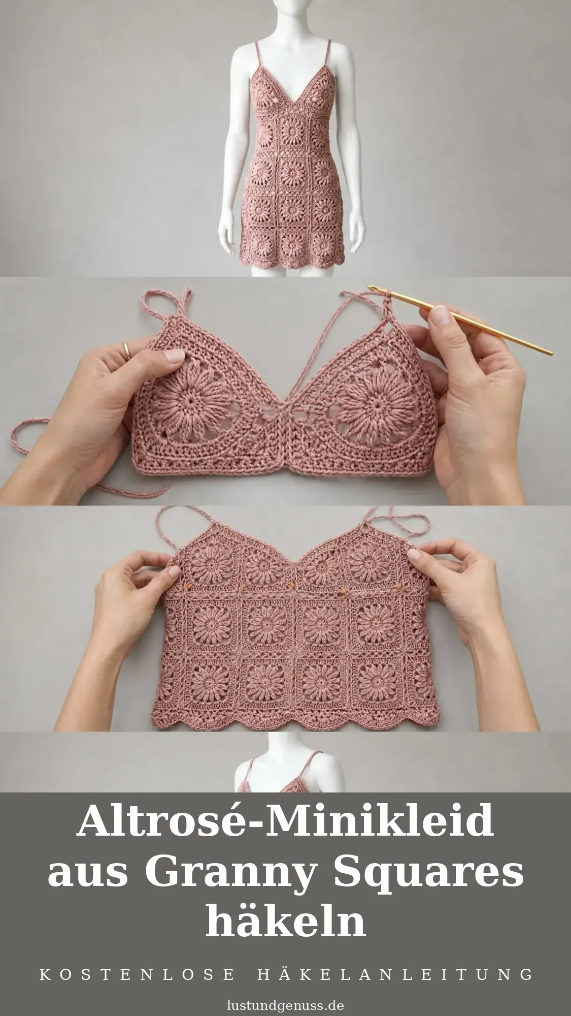 Altrosé-Minikleid aus Granny Squares häkeln