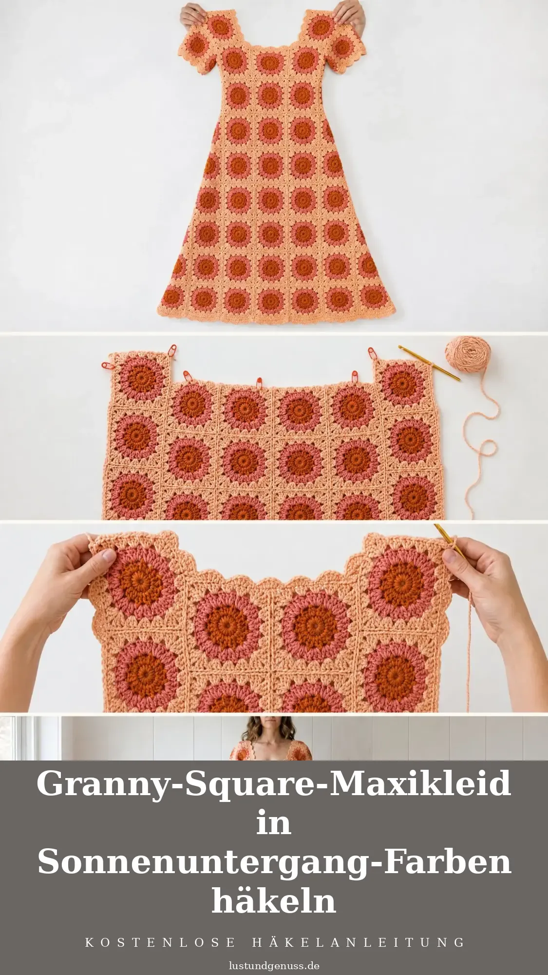 Granny-Square-Maxikleid in Sonnenuntergang-Farben häkeln