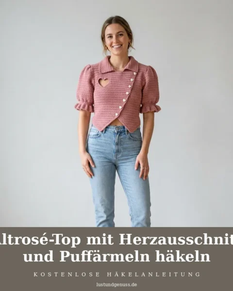 Altrosé-Top mit Herzausschnitt und Puffärmeln häkeln