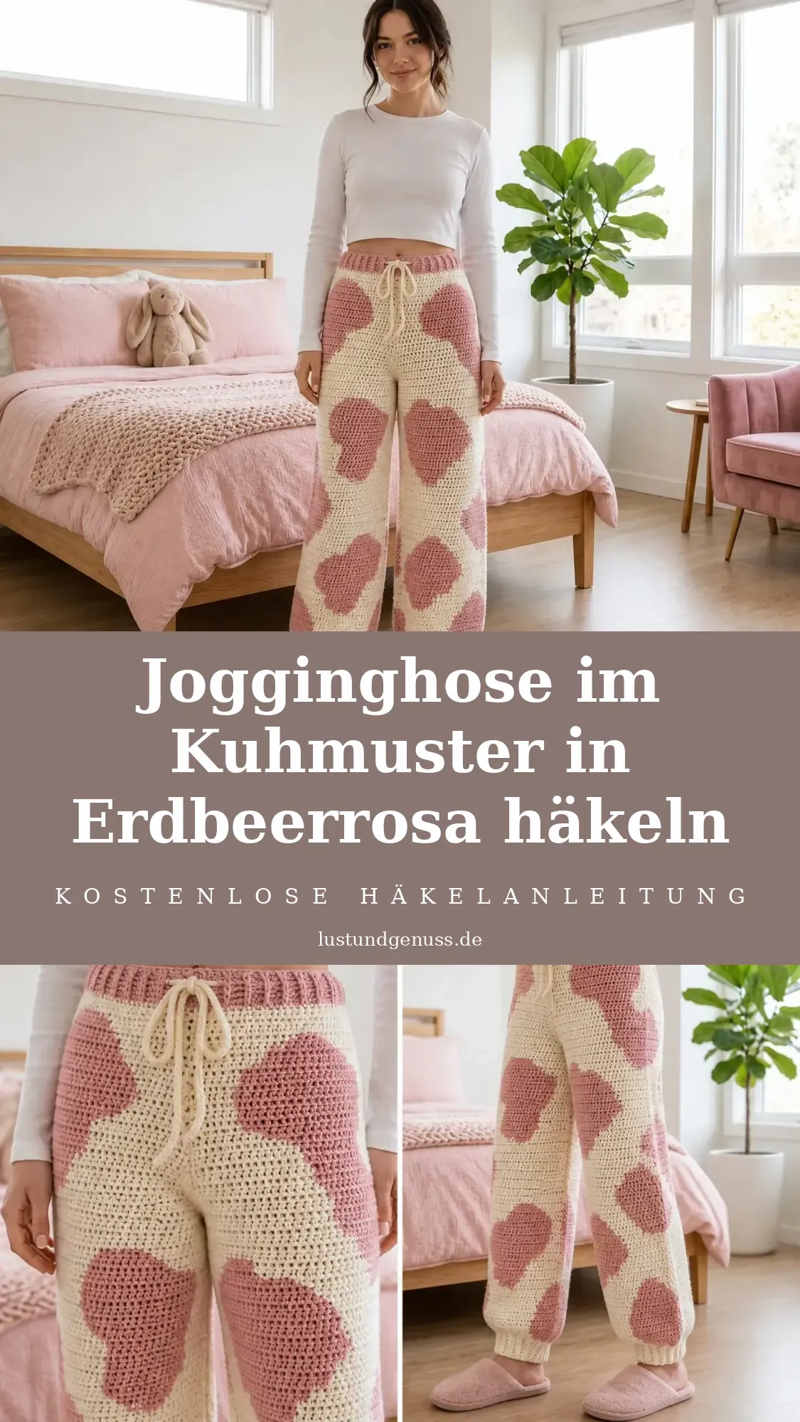 Jogginghose im Kuhmuster in Erdbeerrosa häkeln