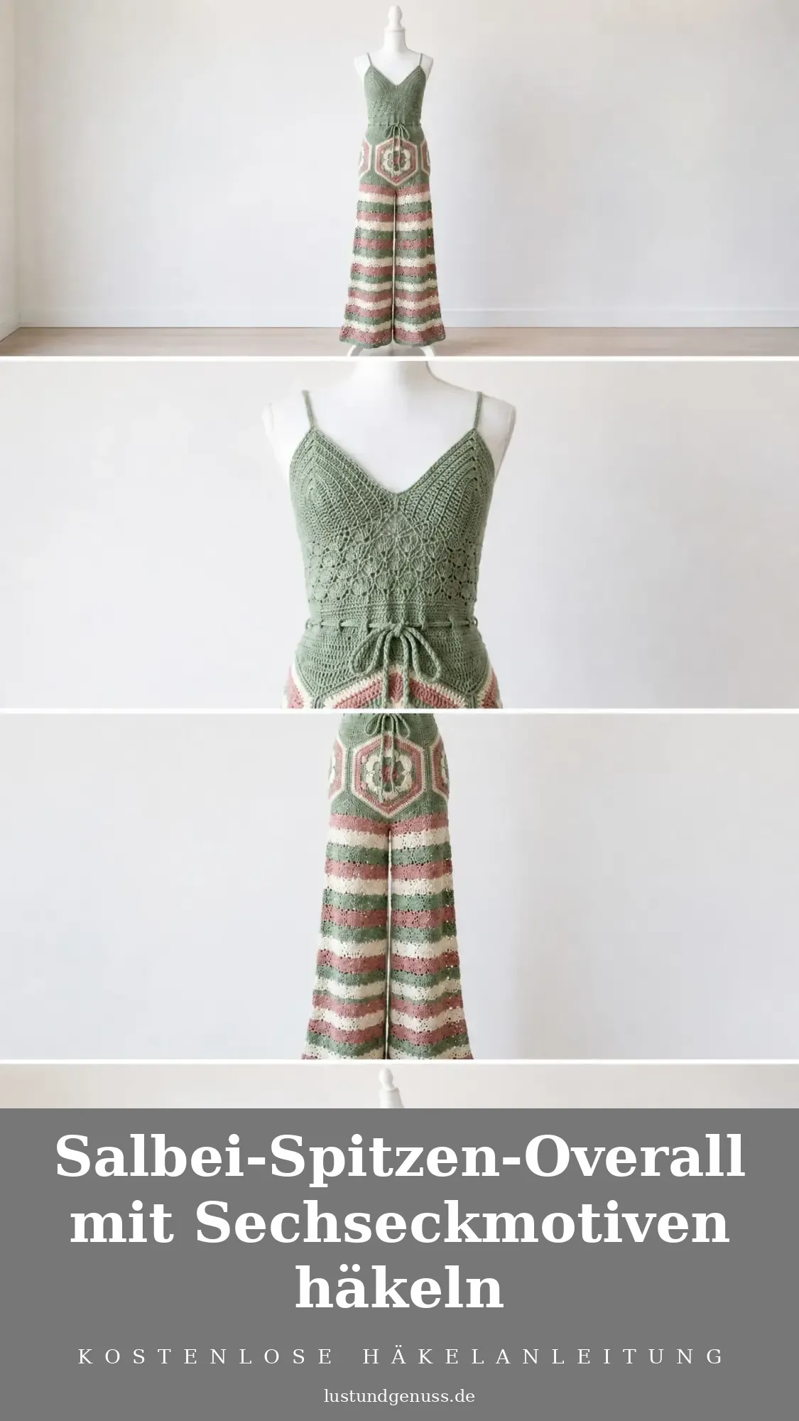 Salbei-Spitzen-Overall mit Sechseckmotiven häkeln