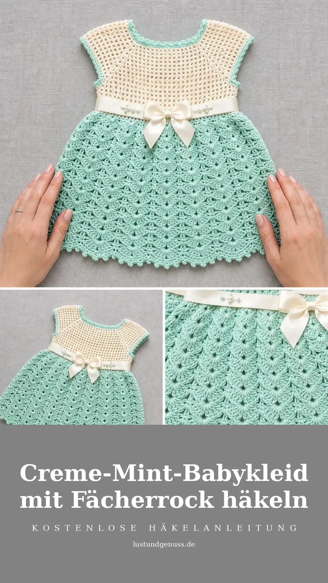 Creme-Mint-Babykleid mit Fächerrock häkeln