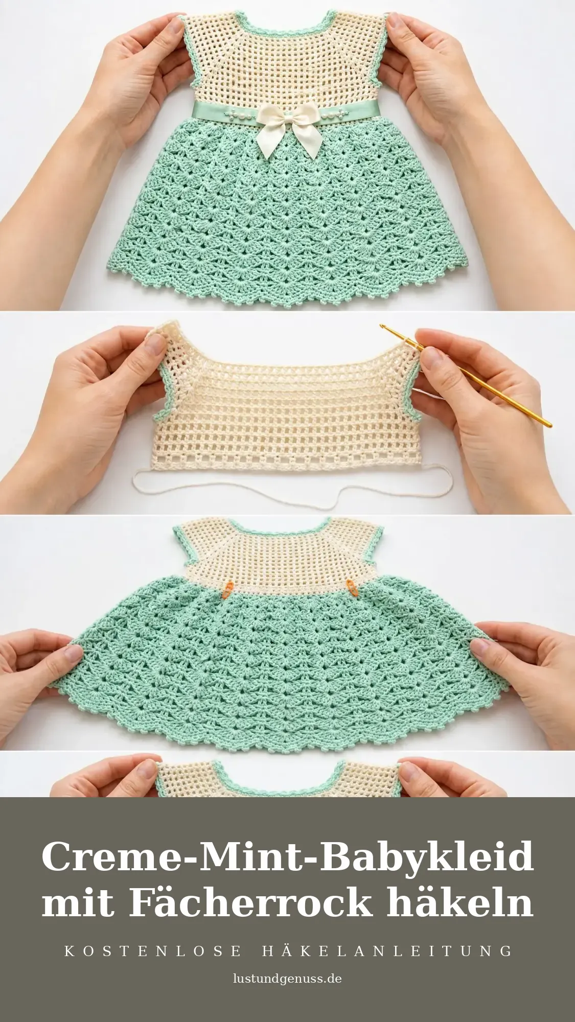 Creme-Mint-Babykleid mit Fächerrock häkeln