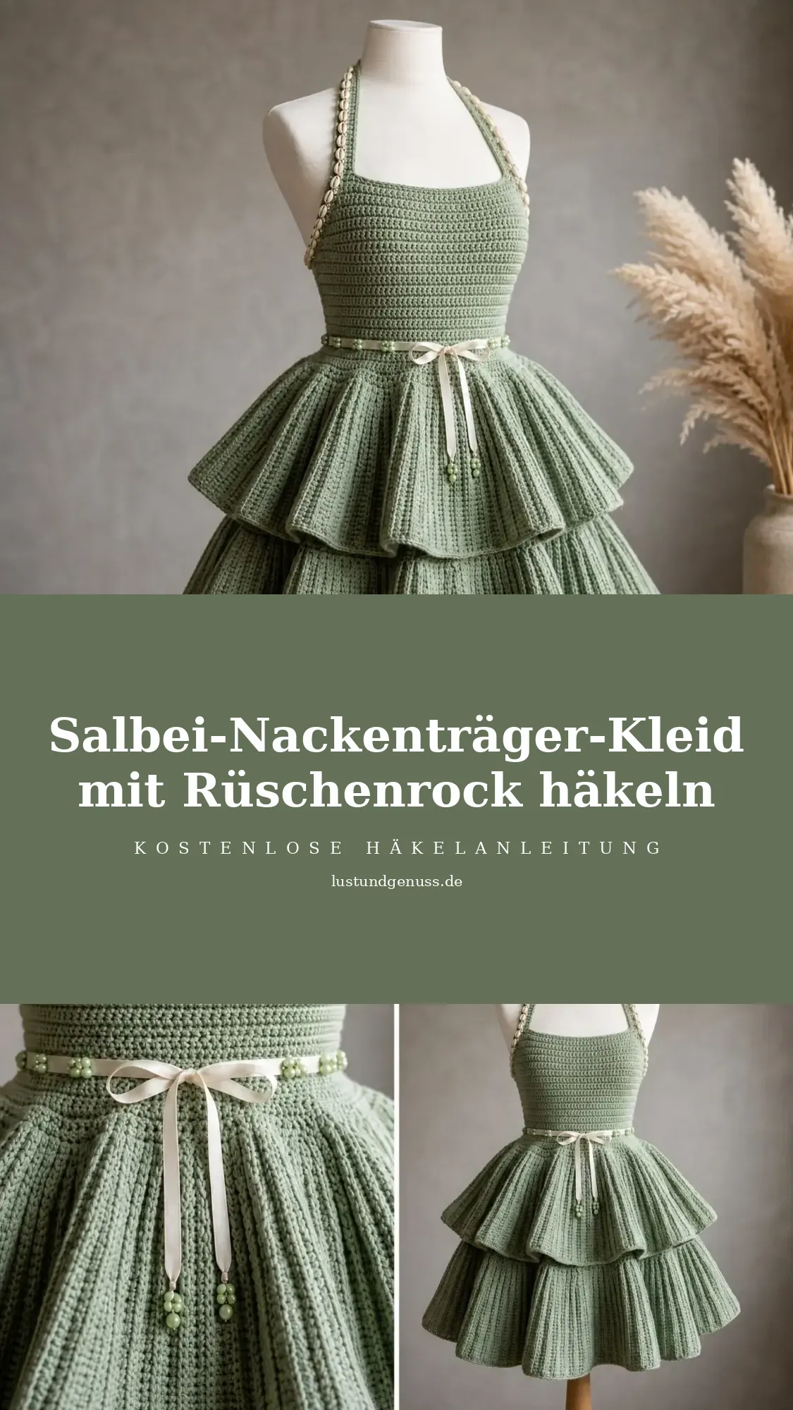 Salbei-Nackenträger-Kleid mit Rüschenrock häkeln