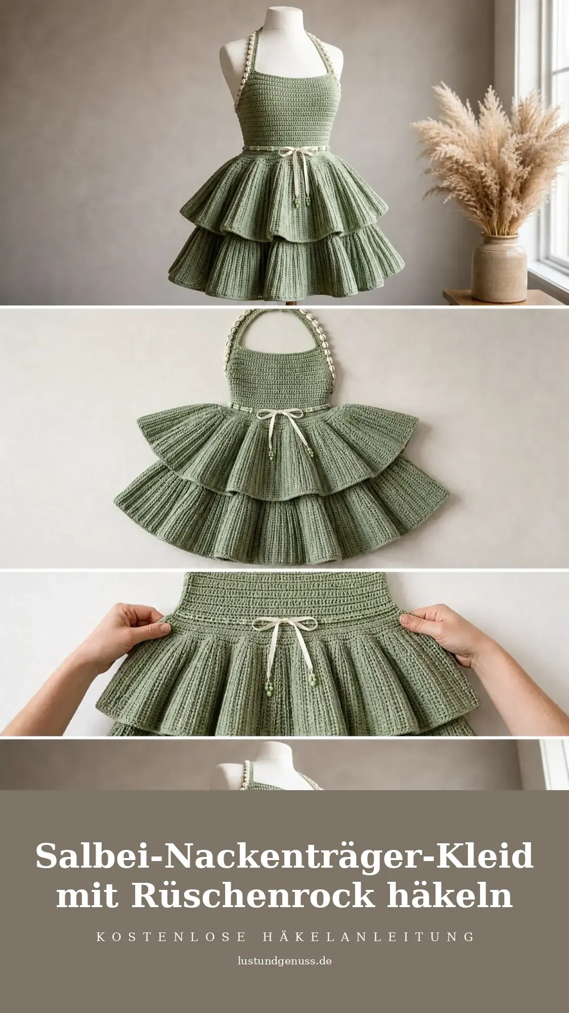 Salbei-Nackenträger-Kleid mit Rüschenrock häkeln