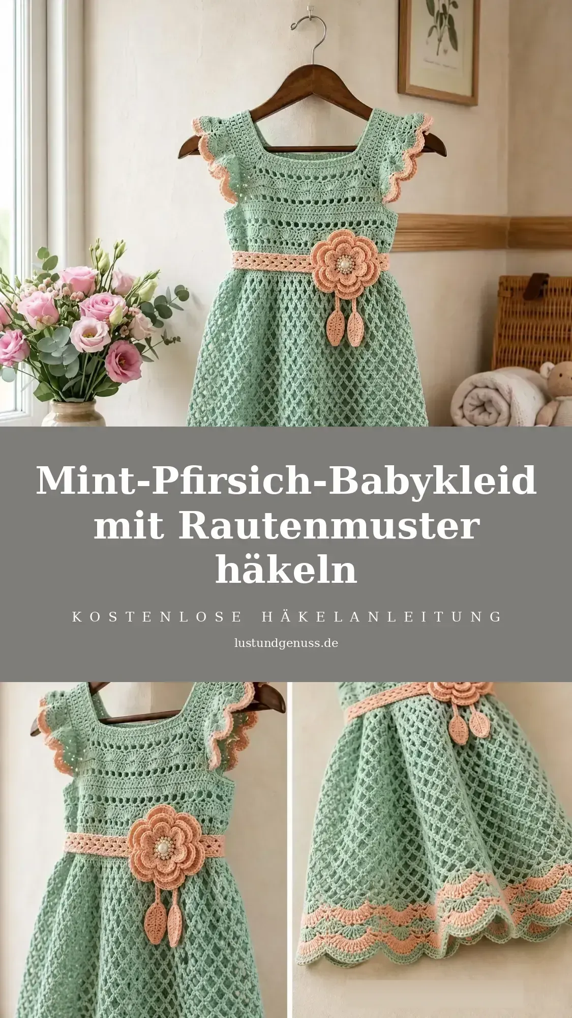 Mint-Pfirsich-Babykleid mit Rautenmuster häkeln