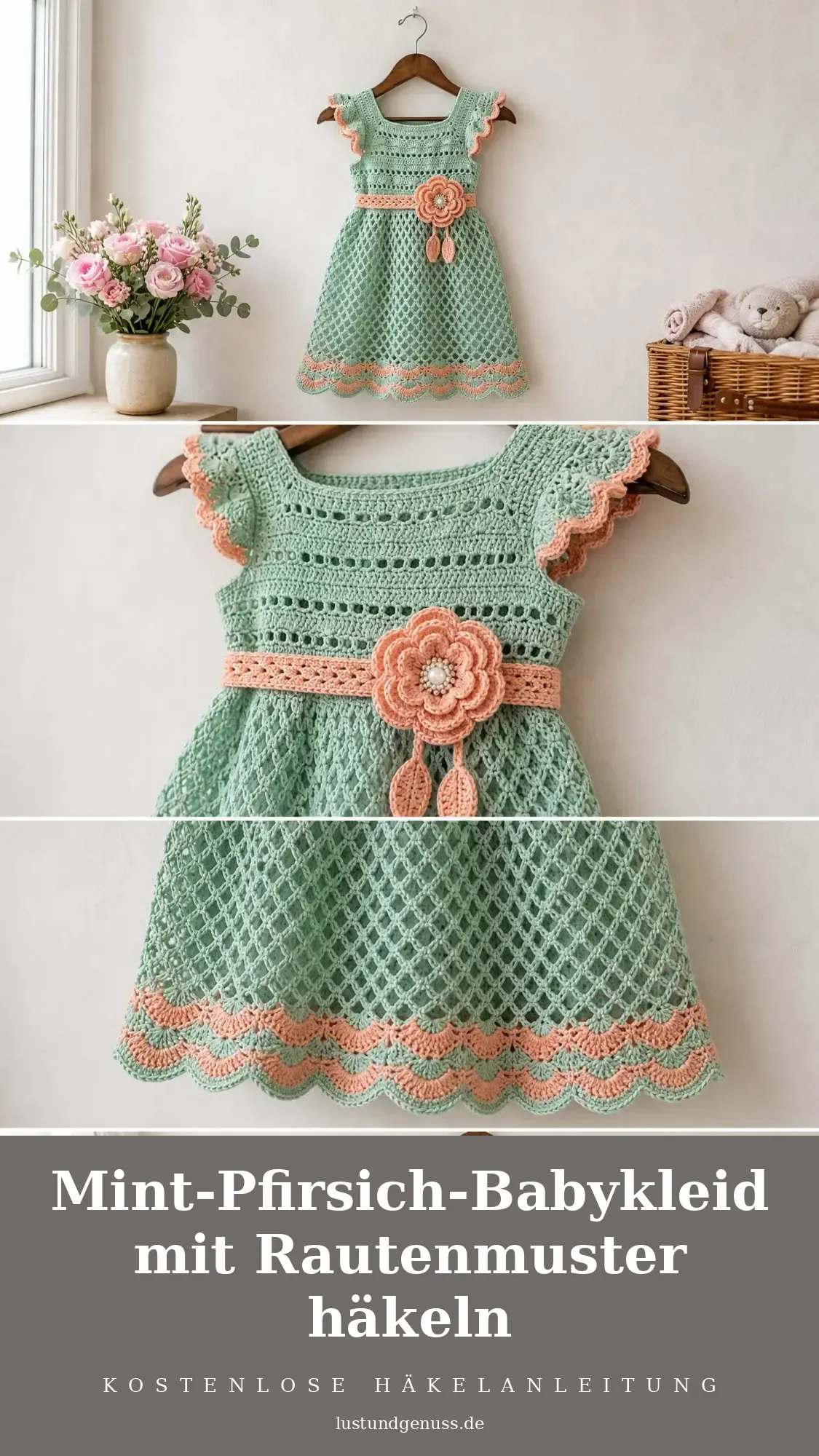 Mint-Pfirsich-Babykleid mit Rautenmuster häkeln