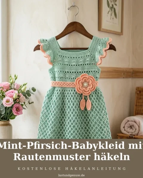 Mint-Pfirsich-Babykleid mit Rautenmuster häkeln