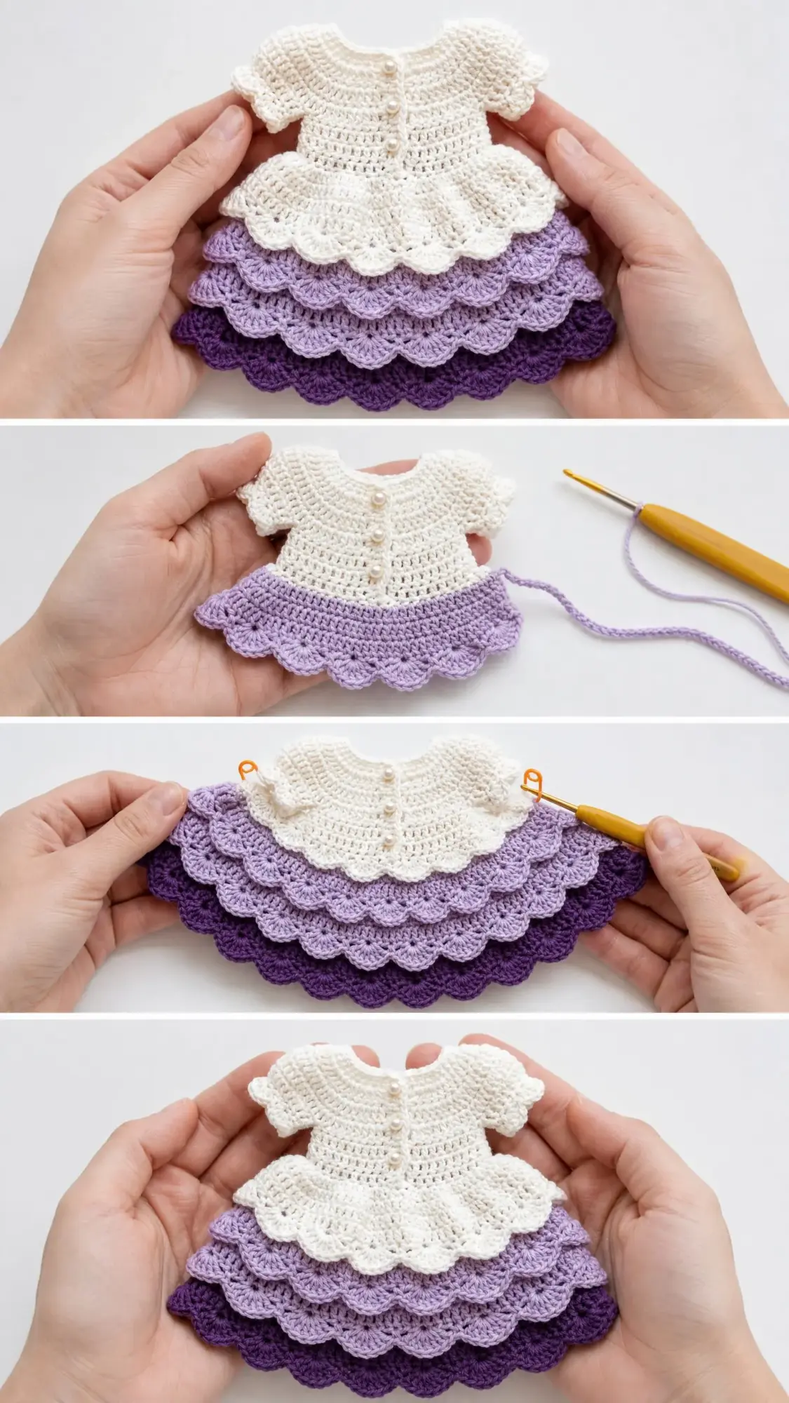 Lavendel-Puppenkleid mit Stufenrüschen häkeln: für 18-Zoll-Puppen