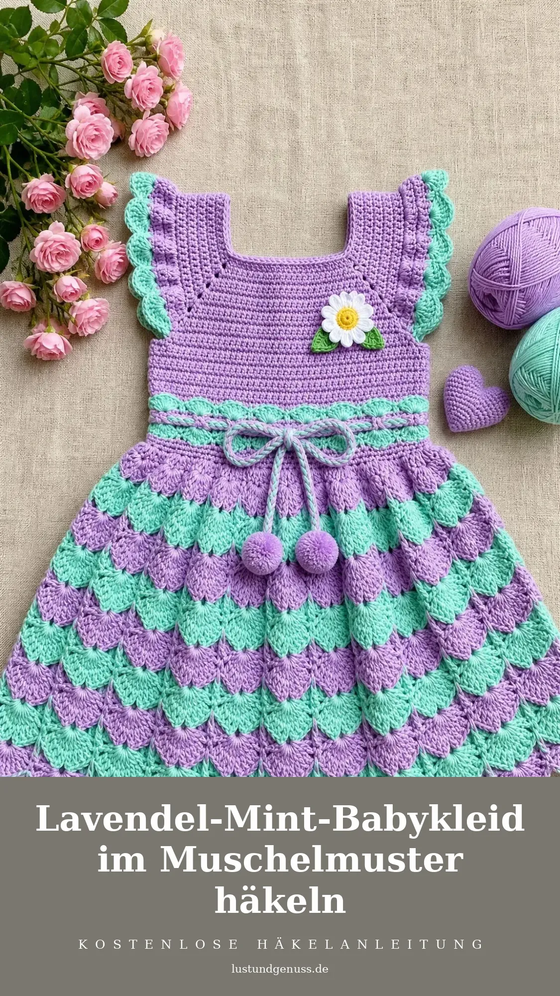 Lavendel-Mint-Babykleid im Muschelmuster häkeln