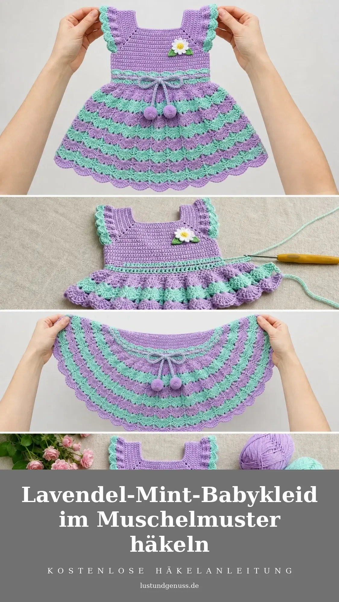 Lavendel-Mint-Babykleid im Muschelmuster häkeln