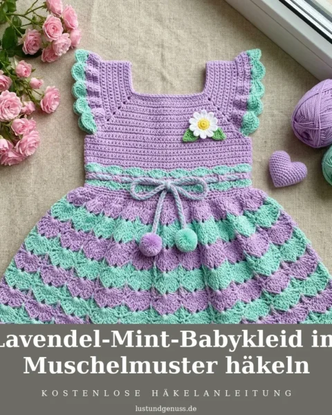 Lavendel-Mint-Babykleid im Muschelmuster häkeln