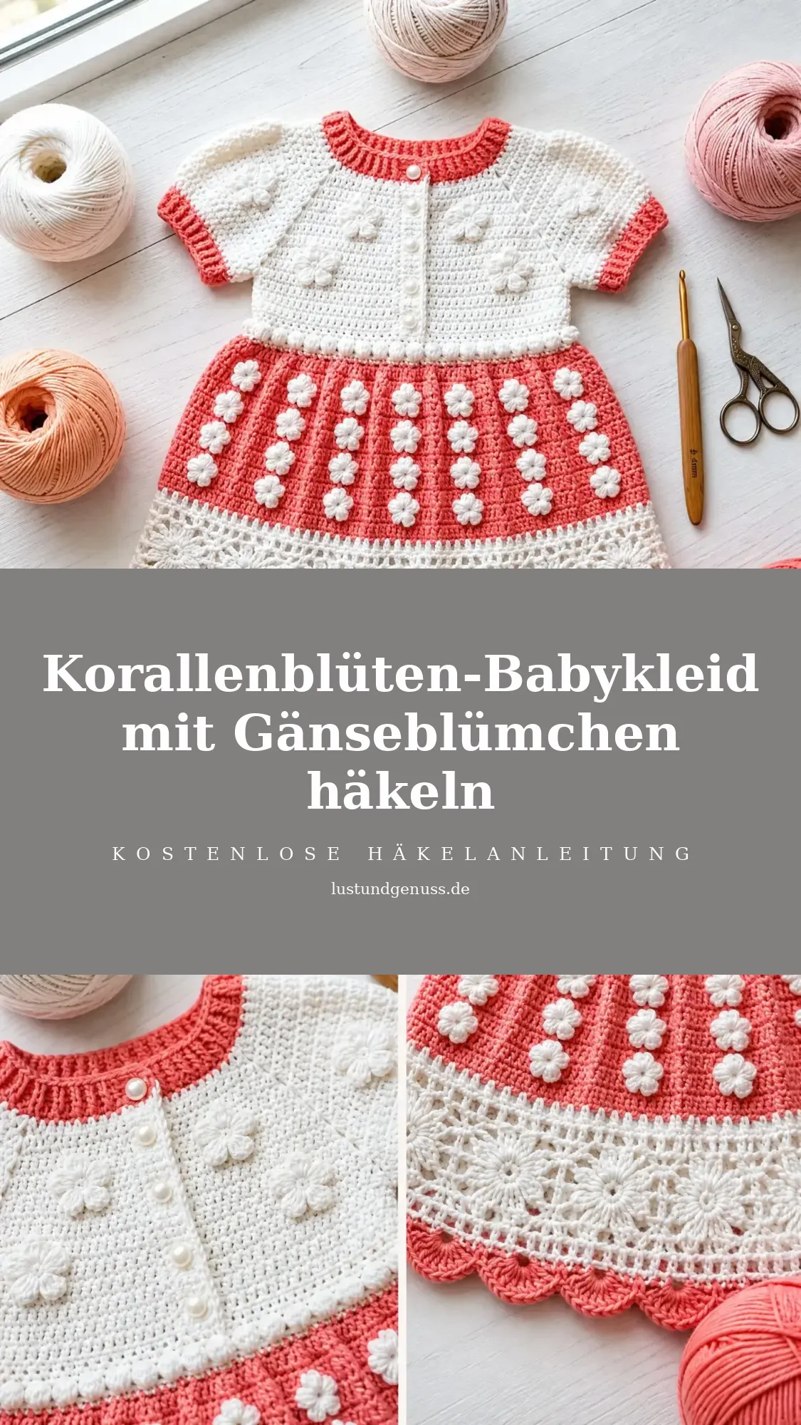 Korallenblüten-Babykleid mit Gänseblümchen häkeln
