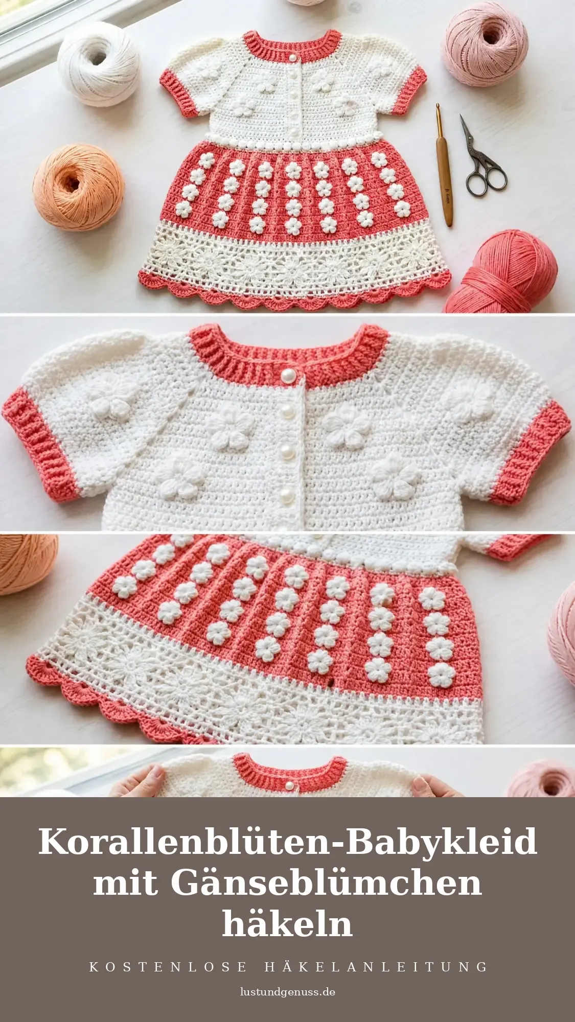 Korallenblüten-Babykleid mit Gänseblümchen häkeln