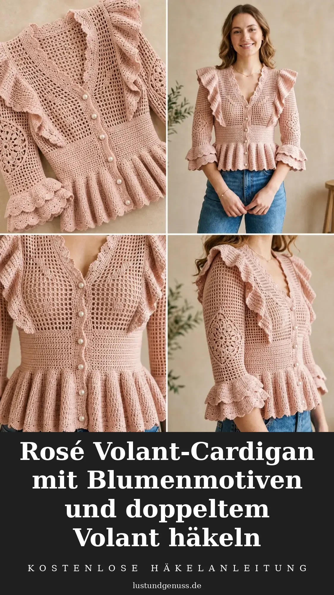 Rosé Volant-Cardigan mit Blumenmotiven und doppeltem Volant häkeln