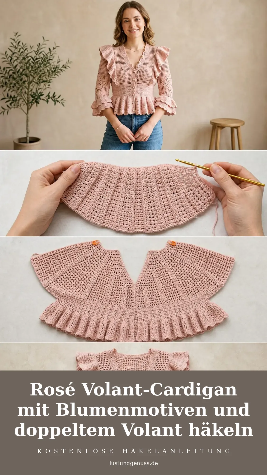 Rosé Volant-Cardigan mit Blumenmotiven und doppeltem Volant häkeln