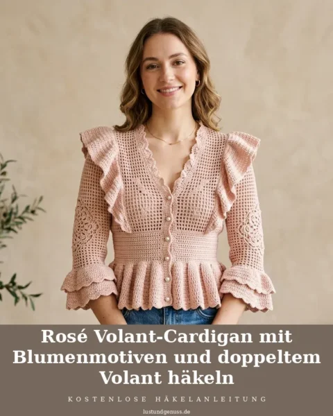 Rosé Volant-Cardigan mit Blumenmotiven und doppeltem Volant häkeln