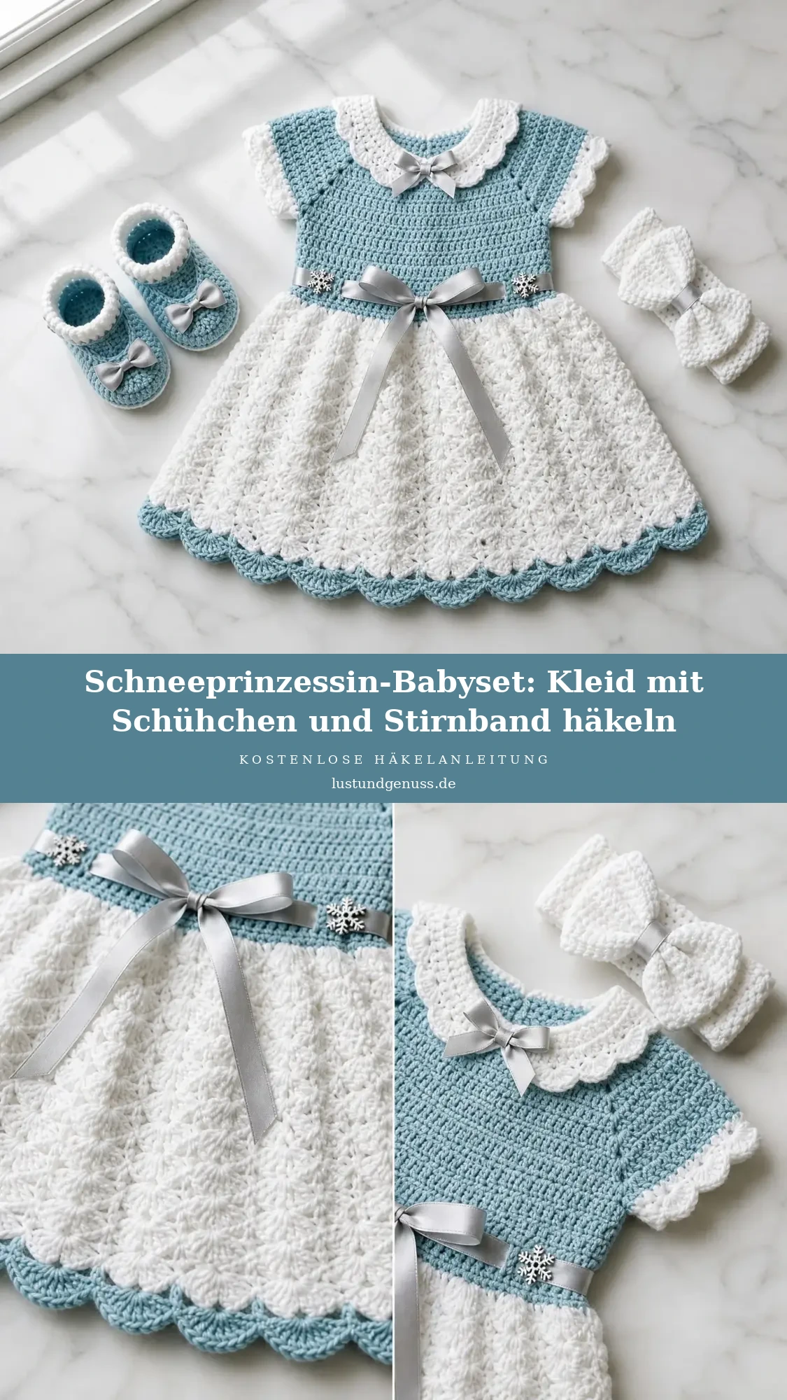 Schneeprinzessin-Babyset: Kleid mit Schühchen und Stirnband häkeln