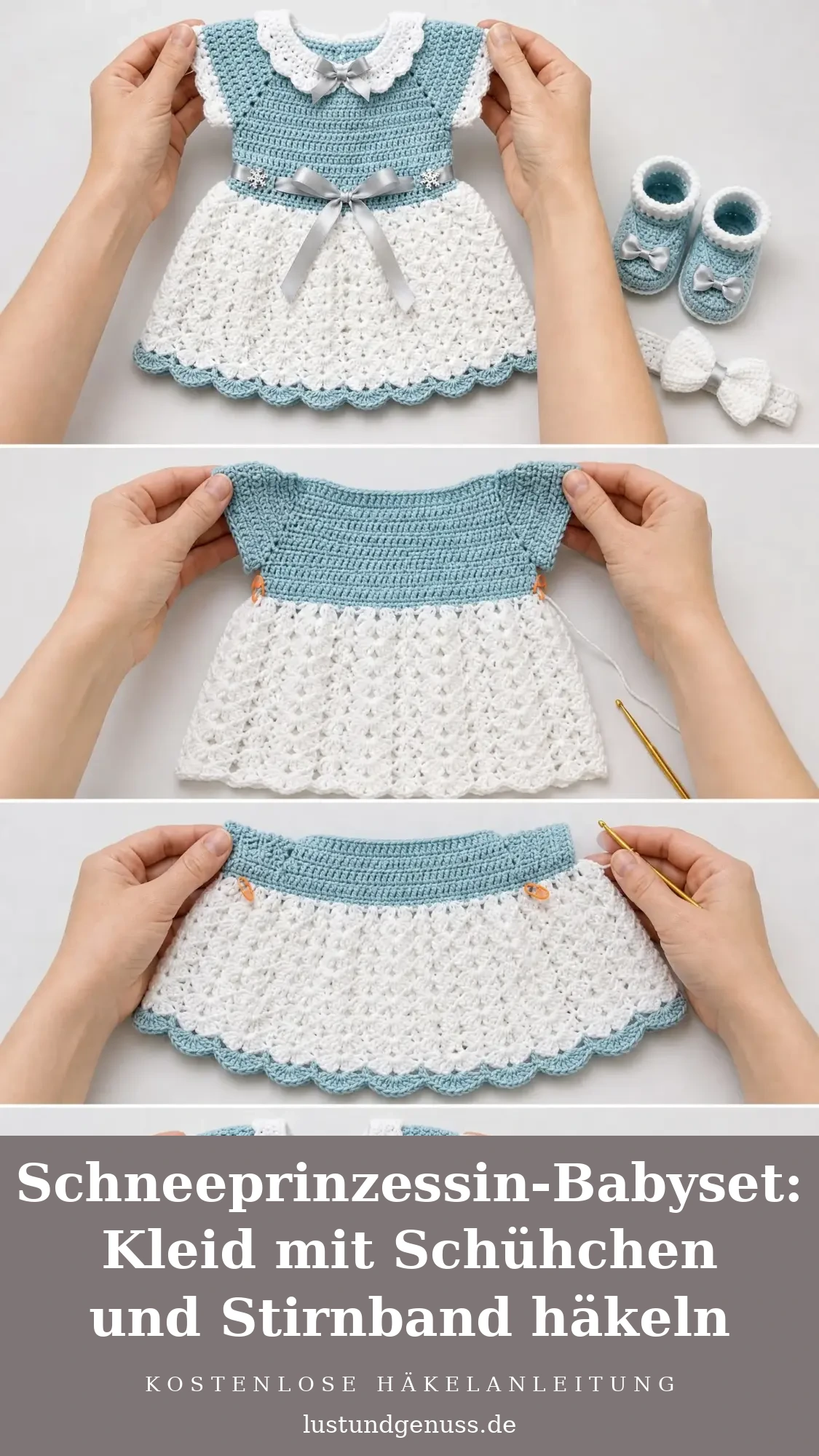Schneeprinzessin-Babyset: Kleid mit Schühchen und Stirnband häkeln