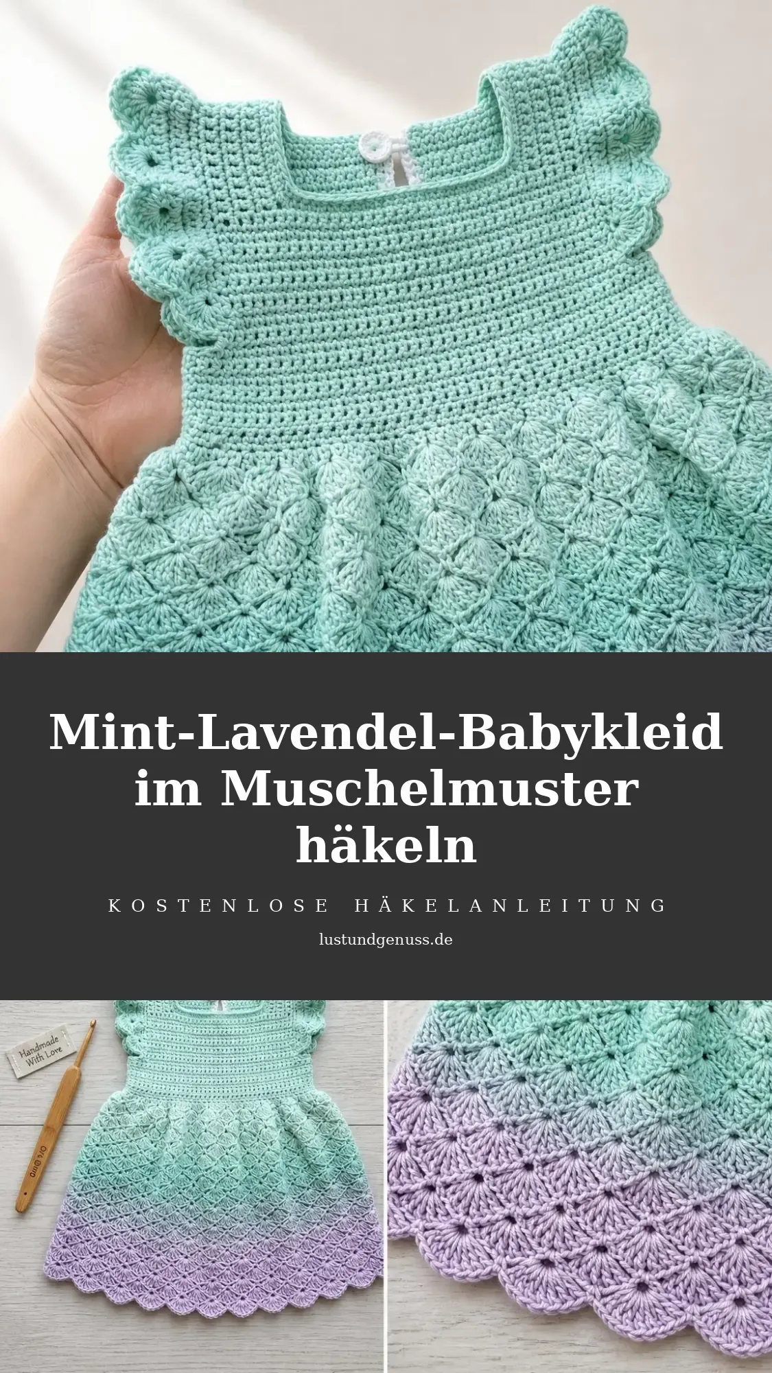 Mint-Lavendel-Babykleid im Muschelmuster häkeln